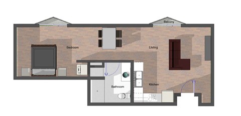 Floor plan for 1 bed, 1 bath, 642 sqft